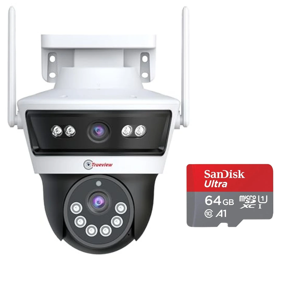 Trueview 3MP HD 4G SIM Pan Tilt CCTV Camera | Wireless Outdoor/Indoor Security Camera | Waterproof | Color Night Vision | 2-Way Talk | Motion Detect | Alexa Support | 64GB SD Card 1 Trueview Smart 4G Linkage 2MP+2MP PTZ CCTV Camera with 4G SIM Support, Night Vision, 2-Way Talk, Motion Detection and 64GB SD Card